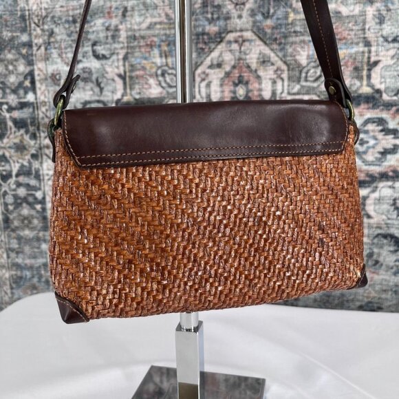 Fossil Brown Leather Woven Shoulder Bag Purse Boho Key Charm 90's Y2K Vintage - Picture 6 of 16